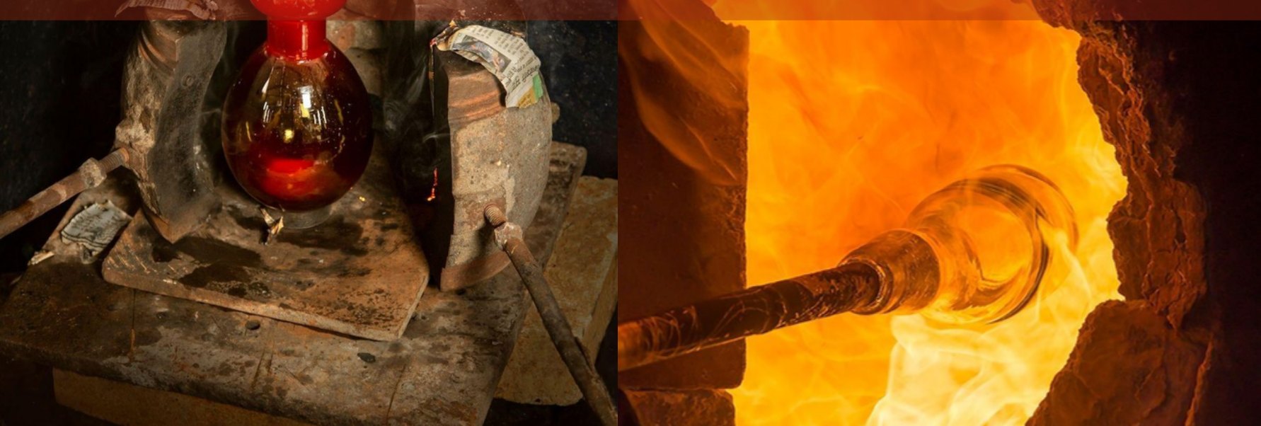 Artisans shaping molten glass at the furnace